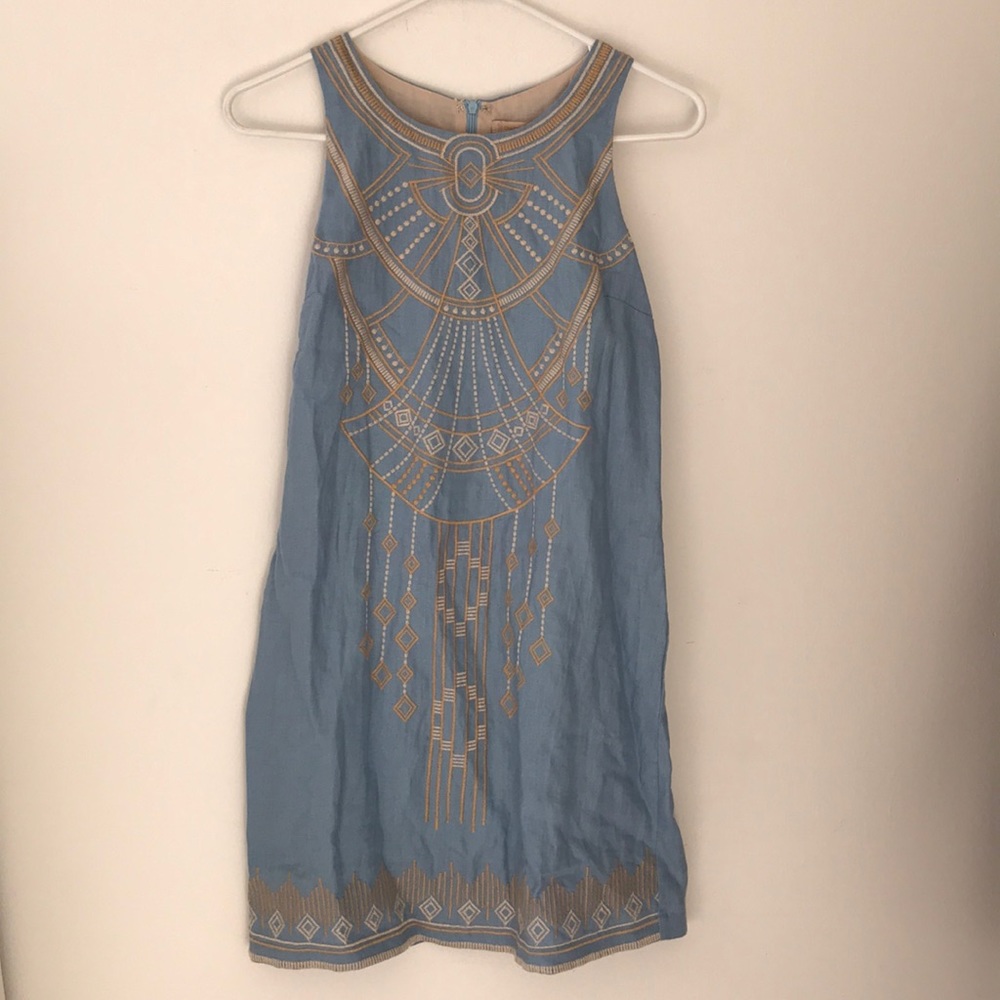 Blue sleeveless shift dress with embroidery
